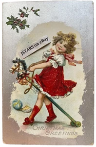 1910s HOBBY HORSE CHRISTMAS GREETINGS CARD EMBOSSED POSTCARD - Picture 1 of 3