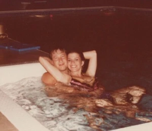 Sexy Woman Candid Pool Night Smiling Swimsuit Sitting Snapshot - Picture 1 of 3
