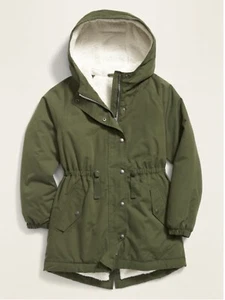 Old Navy Matcha Green Canvas Hooded Sherpa Lined Girls Parka Jacket Size M 8 - Picture 1 of 6