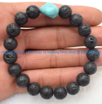 Natürlich 10mm Schwarz Vulkanische Lava & Blau Türkis Edelstein Armband 7.5" - Bild 1 von 4