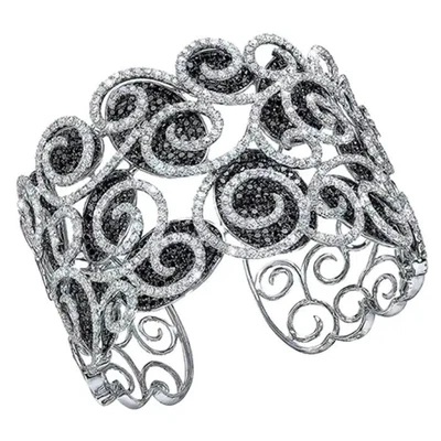 Trendy 22.78 TCW Round Cut Onyx & Sapphire Wide Filigree Cuff Wedding Bracelet - Image 1 of 4