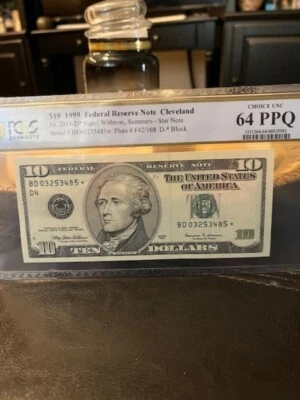 1999 $10 Federal Reserve Note PCGS 64 PPQ ⭐ Star Note ⭐ Choice Uncir Fr. 2033-D - Image 1 of 3