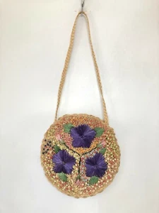Cartera de Paja Bordada Rafia Redonda Correa Larga Flores Púrpura 12" Diámetro - Imagen 1 de 6