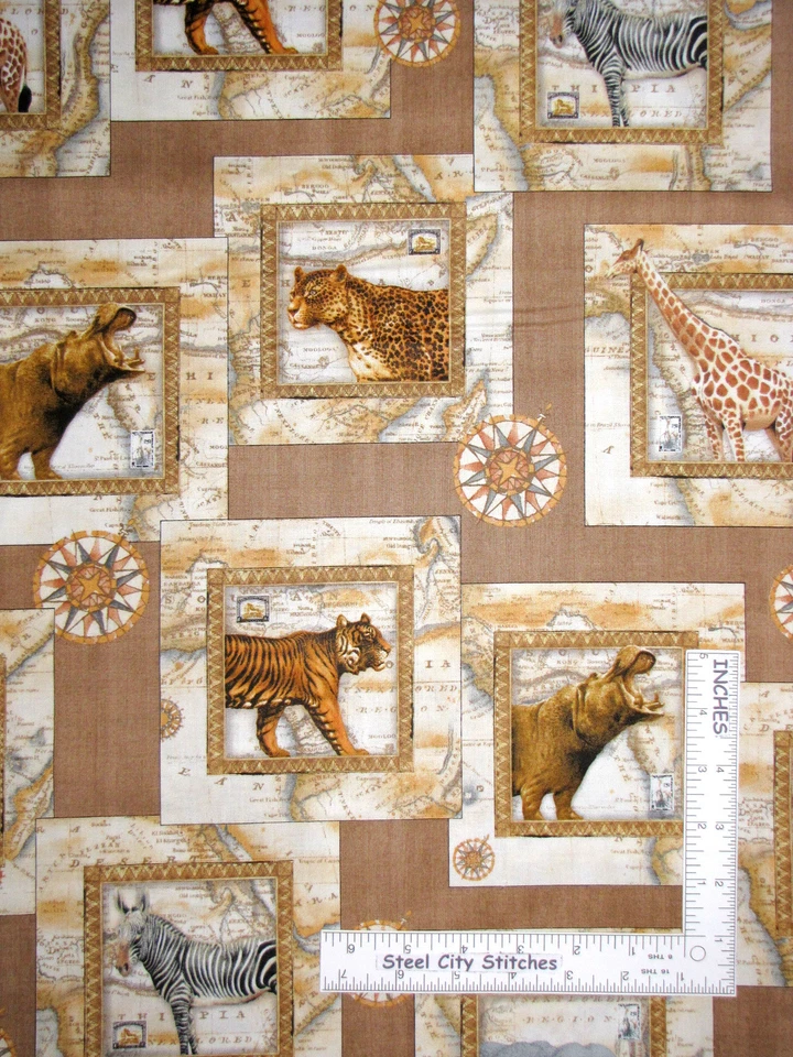 Mapa de animales de safari brújula estrella parche tela de algodón QT 24833 fuera de África - patio Foto 1 de 1