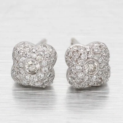 Aretes de trébol floral con racimo de diamantes vintage de 1,00 quilates - oro blanco de 14 k Foto 1 de 4