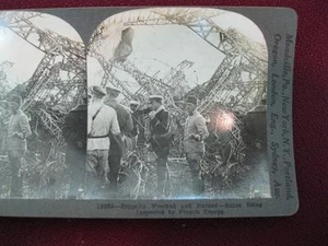 Stereoview Keystone View Co. Zeppelin Wrecked And Burned French Troops WWI (O) - Picture 1 of 4