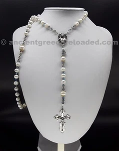 Die Perle Mondstein 5 Jahrzehnte Katholischer Rosenkranz, 925 Silber Kreuz, Perlen, Mondstein - Bild 1 von 7