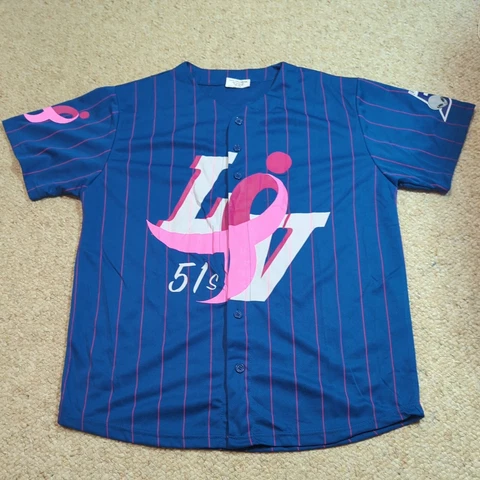 MiLB Las Vegas 51s Breast Cancer Button Down Baseball Jersey Blue Pink XL Men Cover