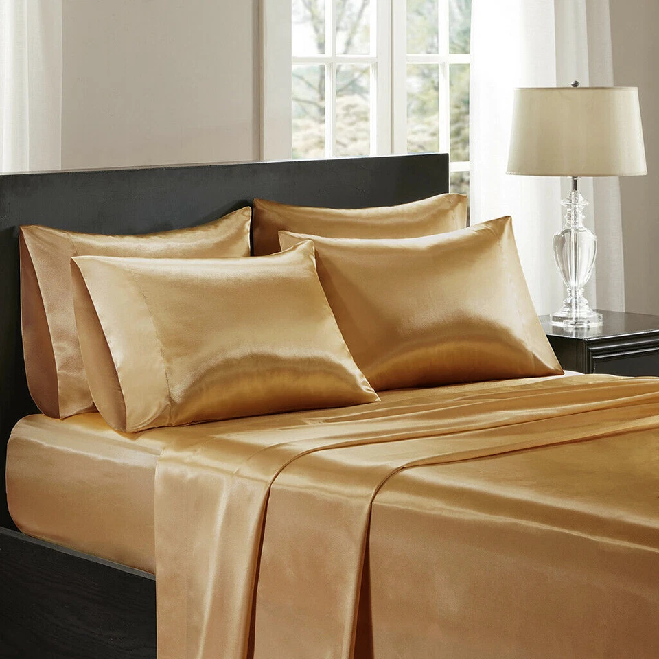 LINEN PLUS 3 Pieces Satin Silky Gold Sheet Set Queen/King Size Fitted Pillows 600TC