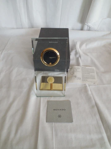 Nice glass & brass Movado modern design table clock NIB Cover