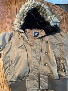 Gap Hooded Bomber Faux Fur Jacket Womens Size Large Tan/ Copper Ships Fast - Picture 1 of 10