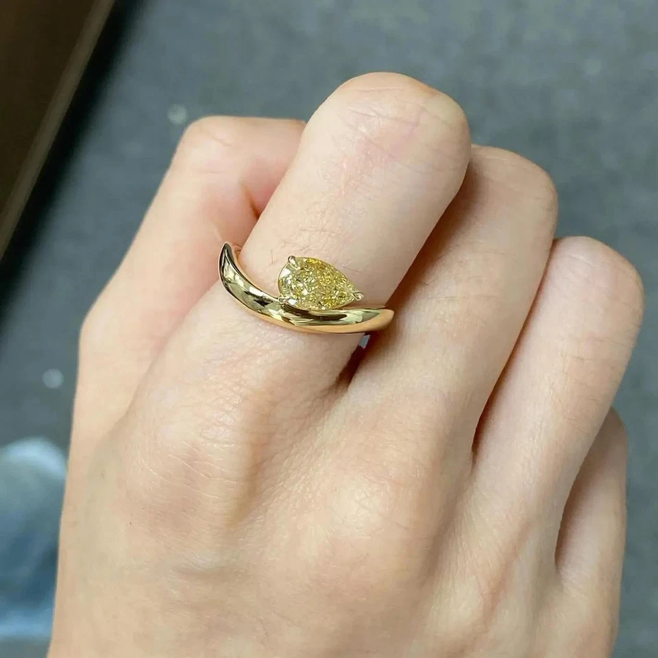 Pear Cut Fancy Vivid Yellow Lab Grown/CVD Ring Teardrop Solid 14k White Gold - image 1 of 4