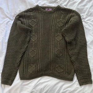 VTG Concrete Mix Aran Fisherman Irish Cable Knit Sweater Men L Olive Green - Picture 1 of 8
