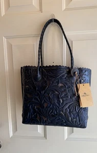 Patricia Nash Adeline Leather Cutout Tooled Tote With Tassel Navy Blue  & Silver - Picture 1 of 12