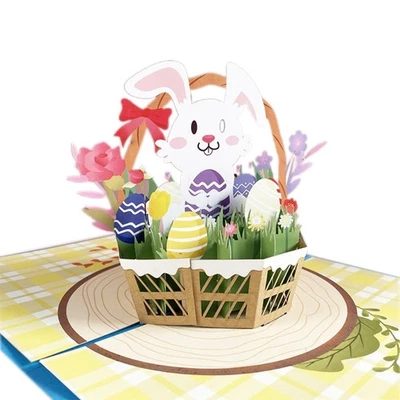 3D Pop-Up Bunny Flower Basket Easter Cute Animal Greeting Cards with Envelope - Image 1 of 4