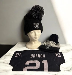 Lot Of Las Vegas Raiders NFL 2 Pom Knit Beanies + Cliff Branch 21 Towel - Picture 1 of 8