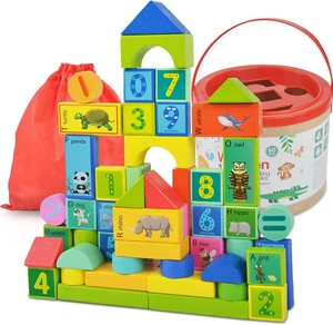 Wooden Building Blocks Toys 60 PCS Toddler Stacking Toys Pre-School Learning Edu - Picture 1 of 15