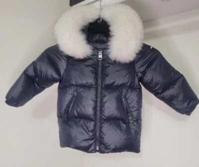 Mackage Moragan Navy Baby Fox Fur Hooded Down Puffer Jacket Coat Size 18M  - Image 1 of 4