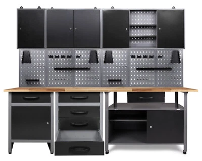 Ondis24 Werkstatt Set 240cm 3x Werkbank Metall 3x Werkzeugschrank Lochwand Haken