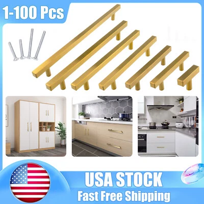 Gold Satin Brass Brushed Modern Cabinet Handles Pulls Kitchen Hardware Stainless - Image 1 of 4