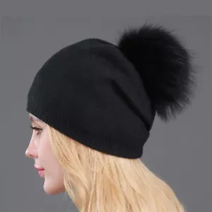 Woolen Beanie Hat With Raccoon Pom Pom - Picture 1 of 3