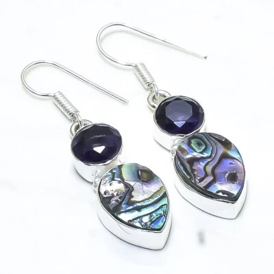 Pendiente de joyería de moda de plata 925 concha de abulón, piedras preciosas de amatista 1,7" RE174 Foto 1 de 3