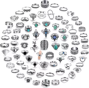 82 Pcs Vintage Silver Knuckle Rings Set for Women, Bohemian Stackable Joint Fing - Picture 1 of 12