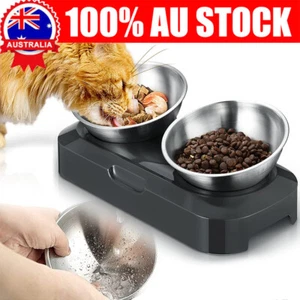 Double Bowls Pet Cat Dog Raised Stand Bowl 15° Tilted Food Water Feeding Dish AU - Picture 1 of 15