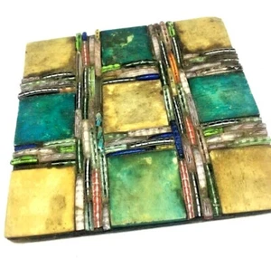 Antique Vintage Handicraft Mosaic Painting Squares Beads Artist Bobble coaster   - Picture 1 of 12