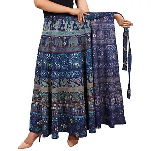 Indian Woman's Cotton Wrap Skirt Blue Elephant Mandala Boho Long Maxi Dress - Picture 1 of 4