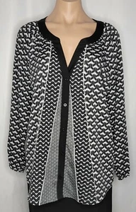Calvin Klein Women's Black and White Geometric V-neck Tunic Blouse Size L - Picture 1 of 8