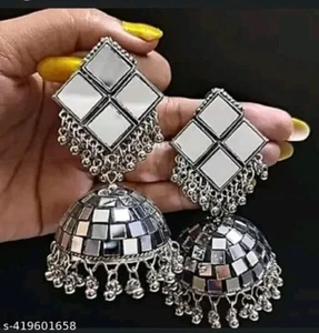 Bollywood Style Mirror Silver Jhumka Party Oxidized Kundan Jhumka Women Jewelry - Picture 1 of 4