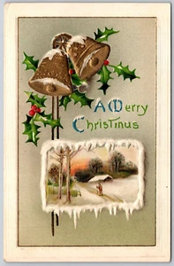 Postcard A Merry Christmas Winsch Back Bells Holly Snow Scene Inset 1912 - Foto 1 di 2