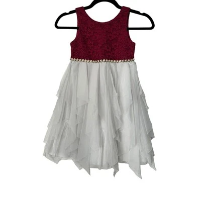 American Princess Dress Girls Size 6 Red Sleeveless Floral 3 Tier White Tulle - Image 1 of 4