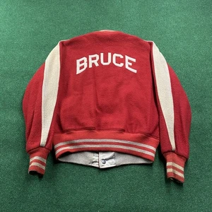 Vintage 50S Varsity Jacket Mens L Red BRUCE Wool School Felt Letterman Coat - Picture 1 of 10