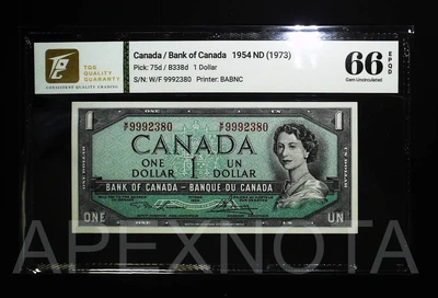 CANADA $1 1954 1973 P75 BC-29a GEM UNC 66 QEII HIGH S/N FANCY 999 LAWSON BOUEY - Image 1 of 2