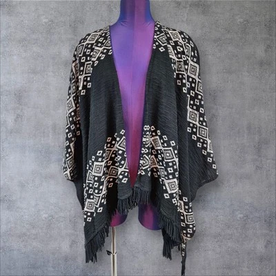 Mossimo Black Boho Chic Tapestry Aztec Fringed Oversized Kimono Small Medium N66 - Image 1 of 4