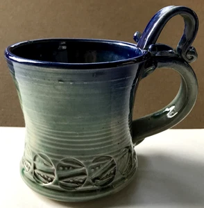 Studio Hand Thrown Art Pottery Mug Green Blue Glazed Trigger Handle 10 oz OOAK - Picture 1 of 15