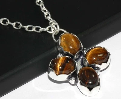 Top Quality Tiger Eye 925 Silver Plated Gemstone Handmade Necklace 19" GW - Image 1 of 3