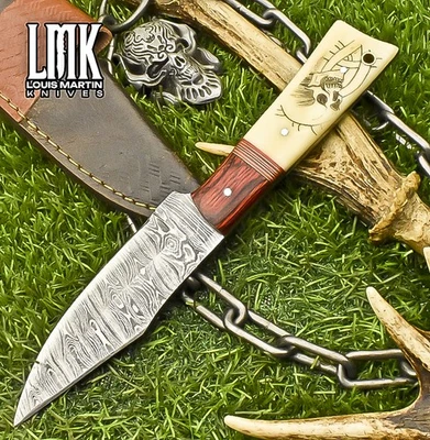 LMK Forged Skinner Knife Twist Damascus ScrimShaw Bone Wooden Bolster Fishing - Image 1 of 4
