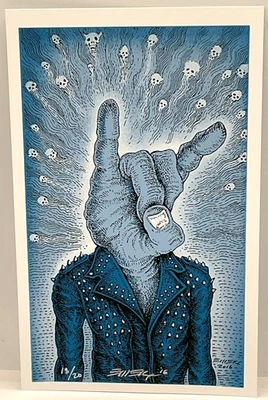 Emek 2016 Limited Edition Blue 18/20 Screenprint Devil Horns Rock On Hand Skulls - Image 1 of 4