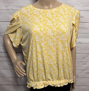 Michael Kors Blouse Large Yellow White Floral Print Tulip Sleeves Elastic Waist - Picture 1 of 13