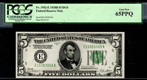 1928B $5 Federal Reserve Note Fr.1952-E PCGS 65 PPQ GEM NEW E15393959A - Picture 1 of 4