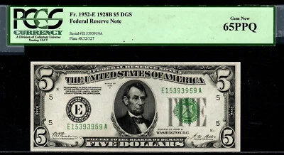 1928B $5 Federal Reserve Note Fr.1952-E PCGS 65 PPQ GEM NEW E15393959A - Image 1 of 4