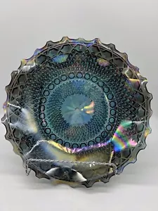 Carnival Glass Diamond Point 10" Ruffled Starburst Blue Vintage Platter Dish - Picture 1 of 8