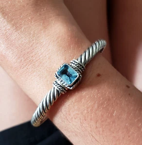 925 Sterling Silver 6.75" London Blue Topaz Cuff Bracelet Womens Artisan Twist - Picture 1 of 9