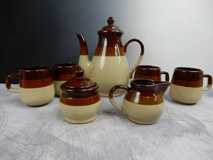 Vintage Decorative Stoneware 7 Piece Tea Set with Tri-Color Bands - Picture 1 of 7