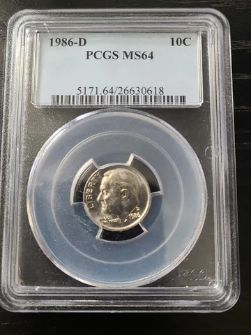 1986-D Clad Uncirculated 10C Roosevelt Dime-PCGS Grade MS64 Free Shipping Cover