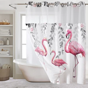 No Hook Shower Curtain with Snap in Liner Grey Leaf Pink Flamingo Shower Curtain - Picture 1 of 7