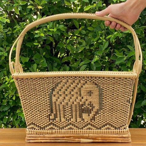 Hand-Woven Bamboo and Rattan Basket with Elephant and Traditional Thai Patterns Cover